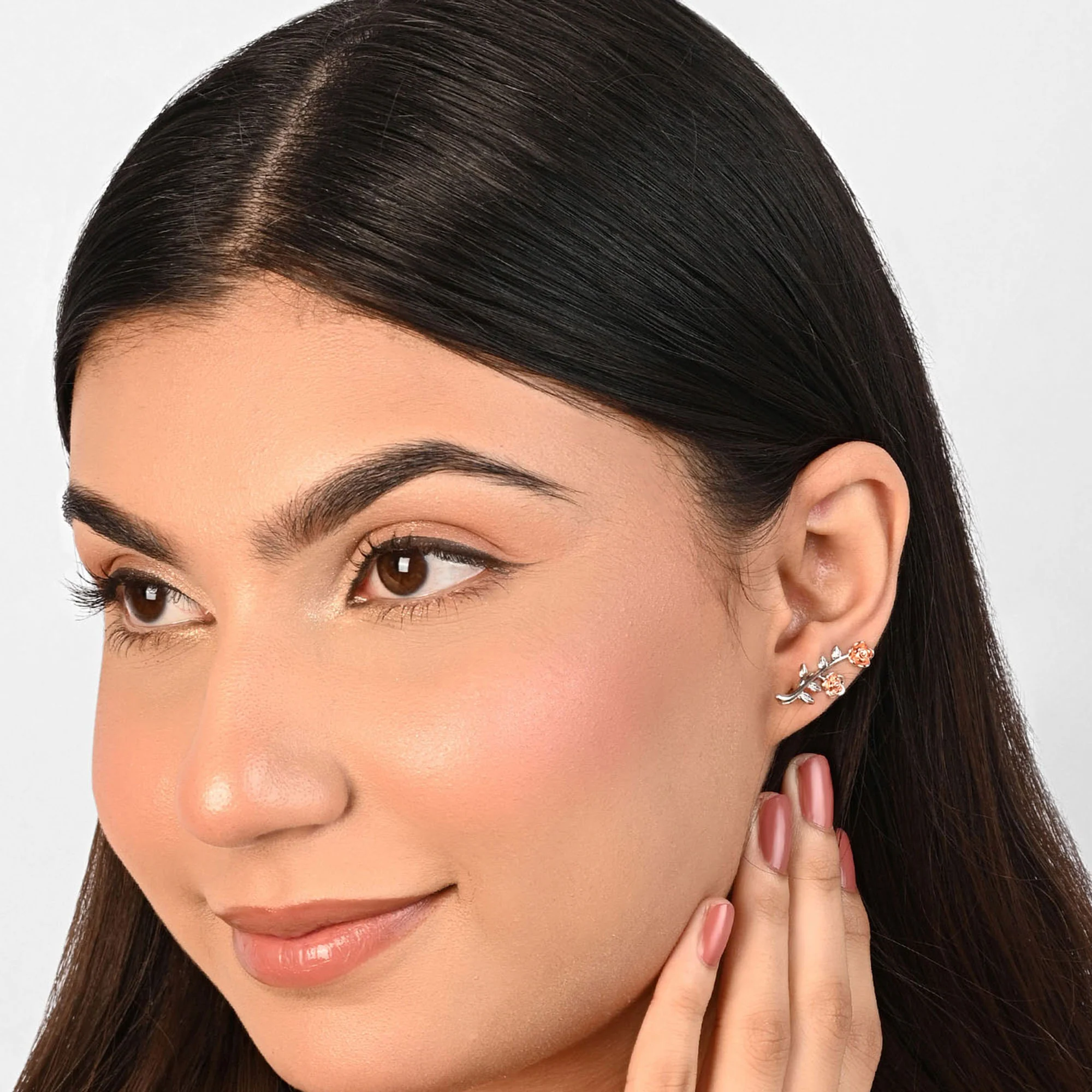 Blooming Rose Vine Silver Stud Earrings - Image 3