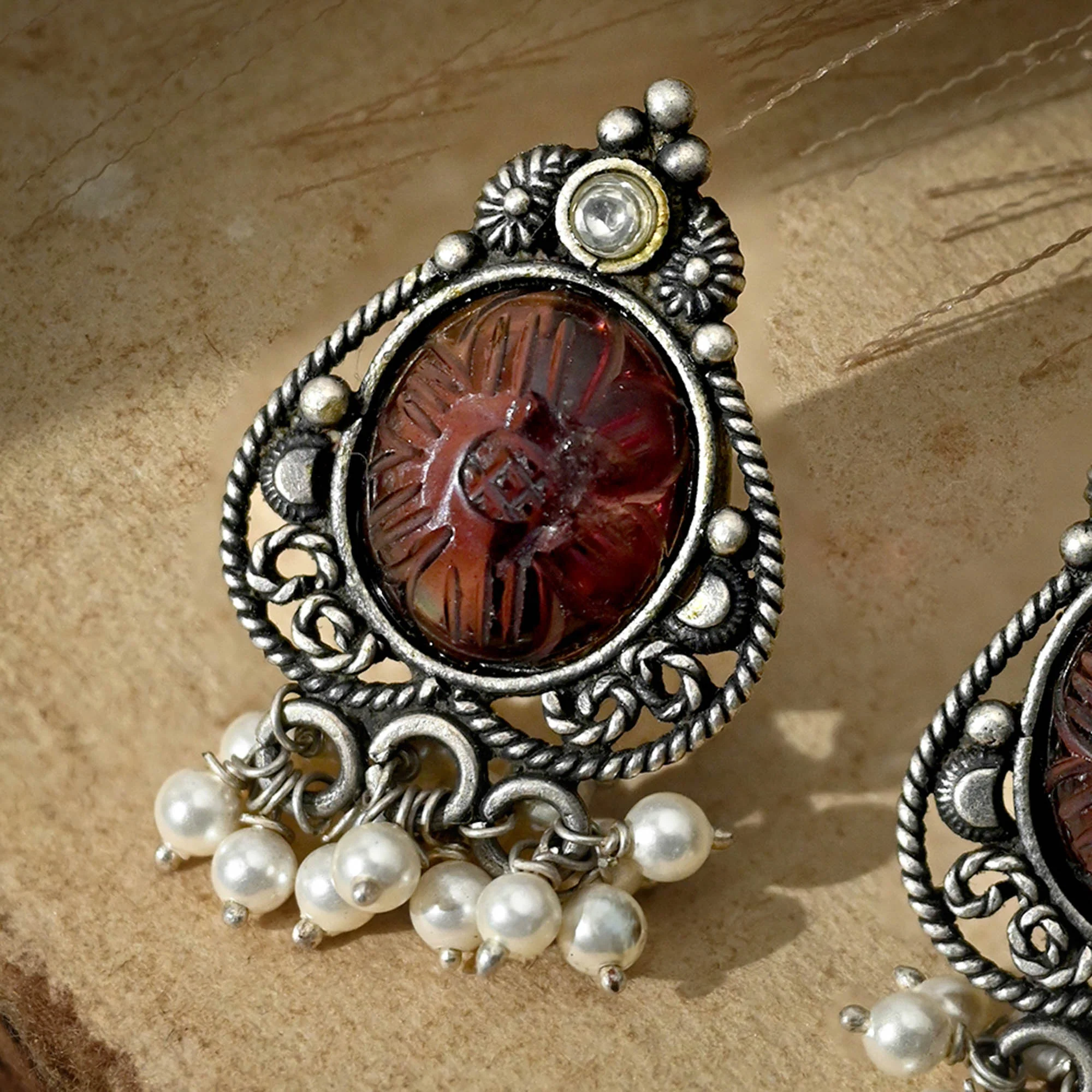 Carved Gemstone Antique Silver Earrings - Image 3