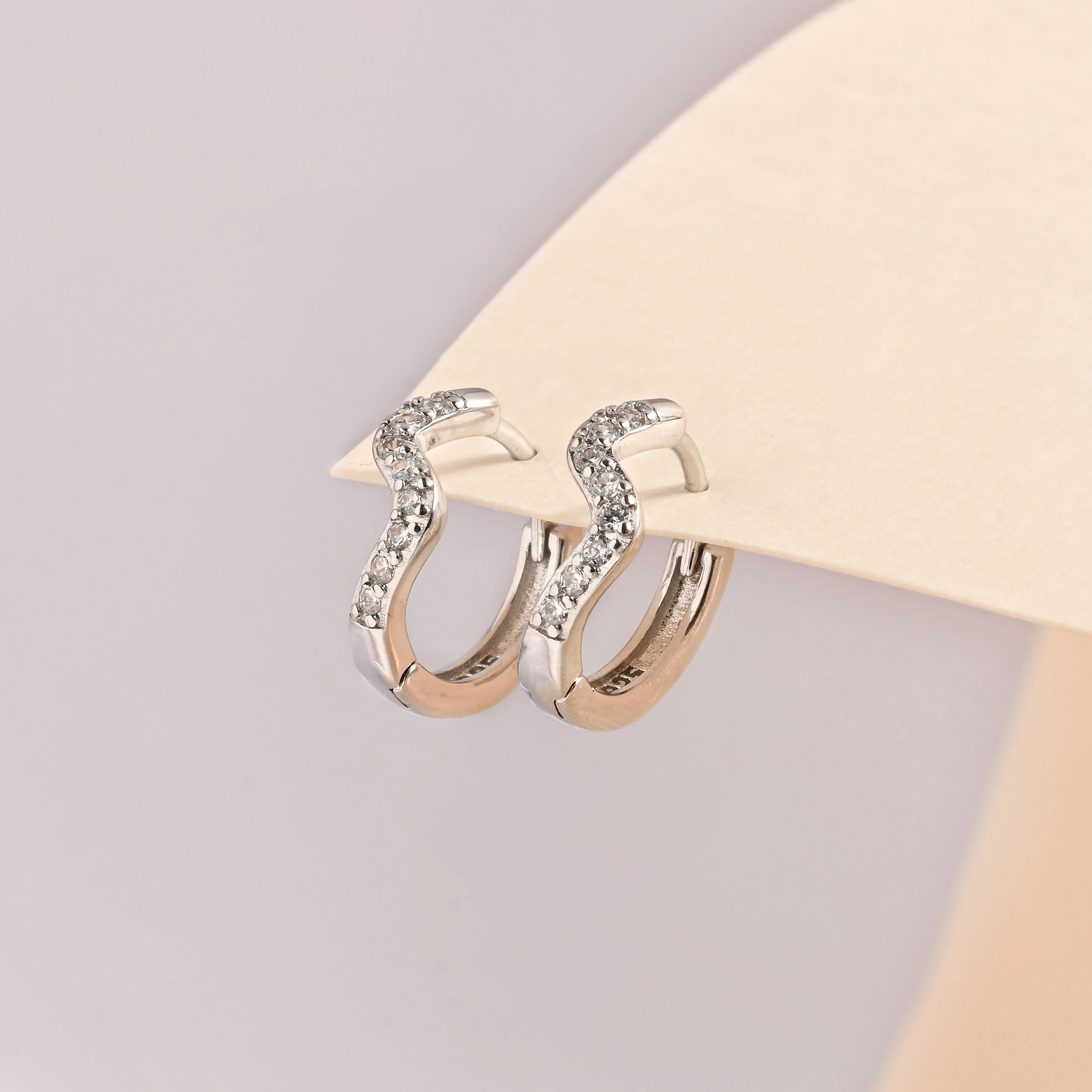 Curved CZ Silver Hoop Earrings