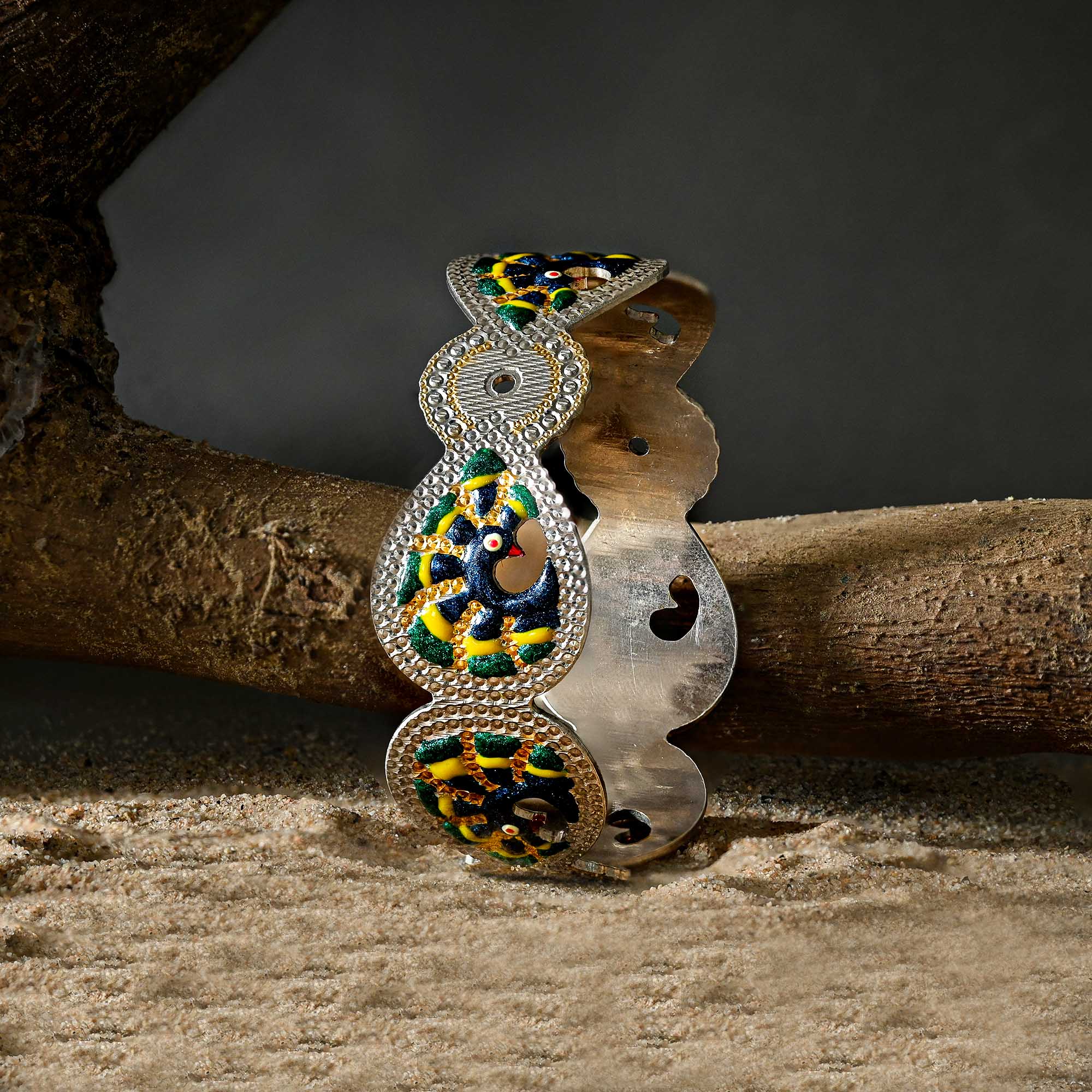 Enamel-Patterned Silver Kada - Image 4