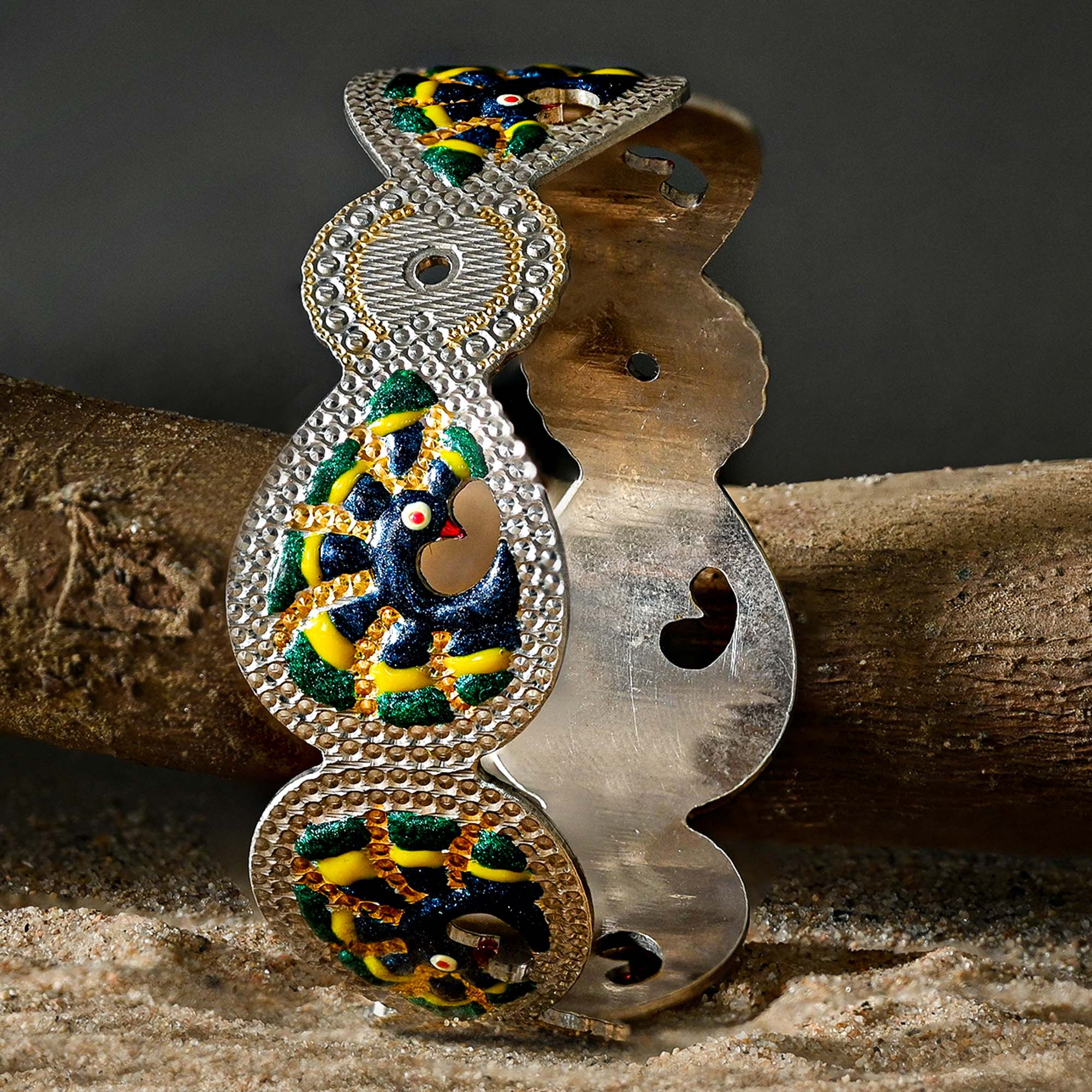 Enamel-Patterned Silver Kada - Image 6