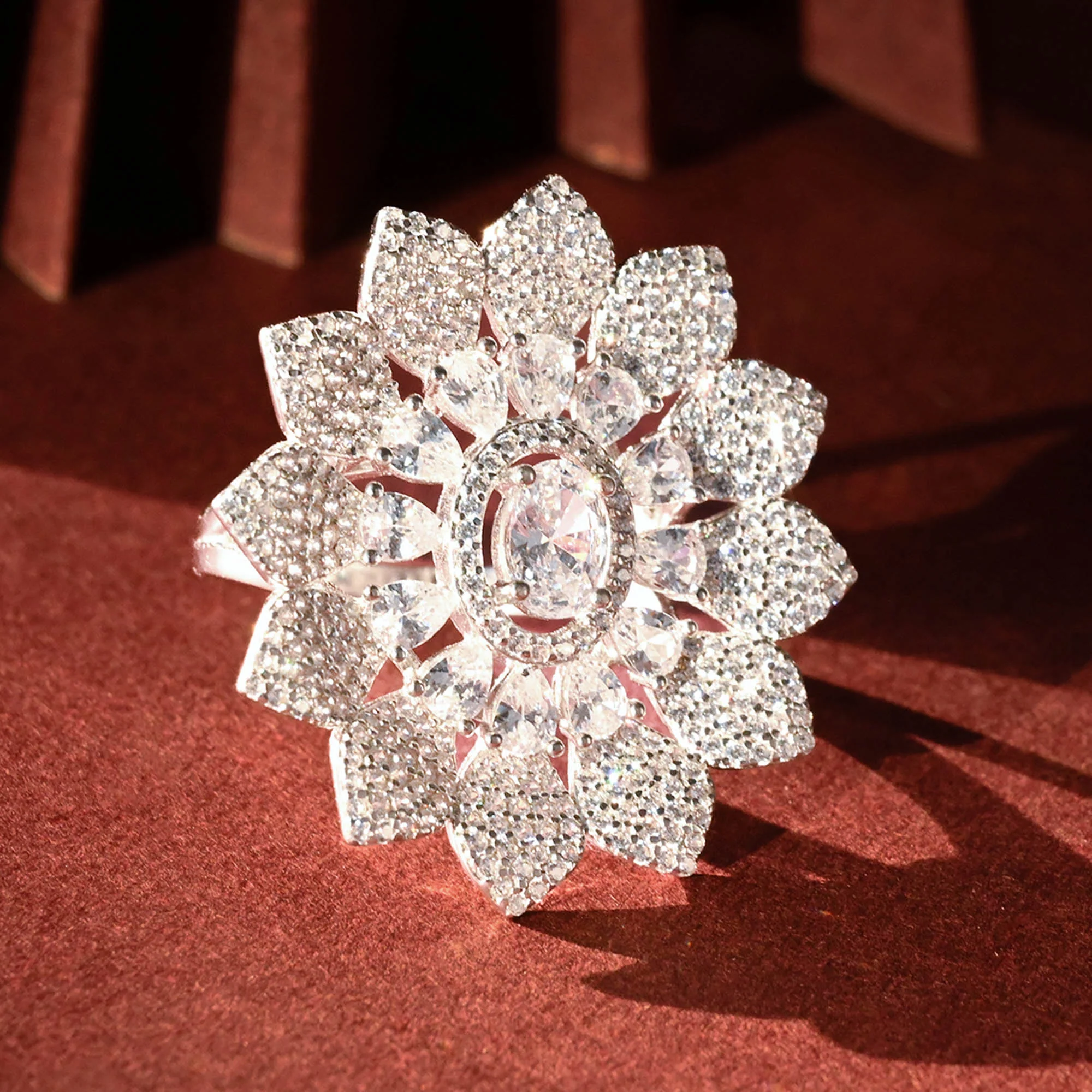 Floral Zircon Studded Silver Ring - Image 4