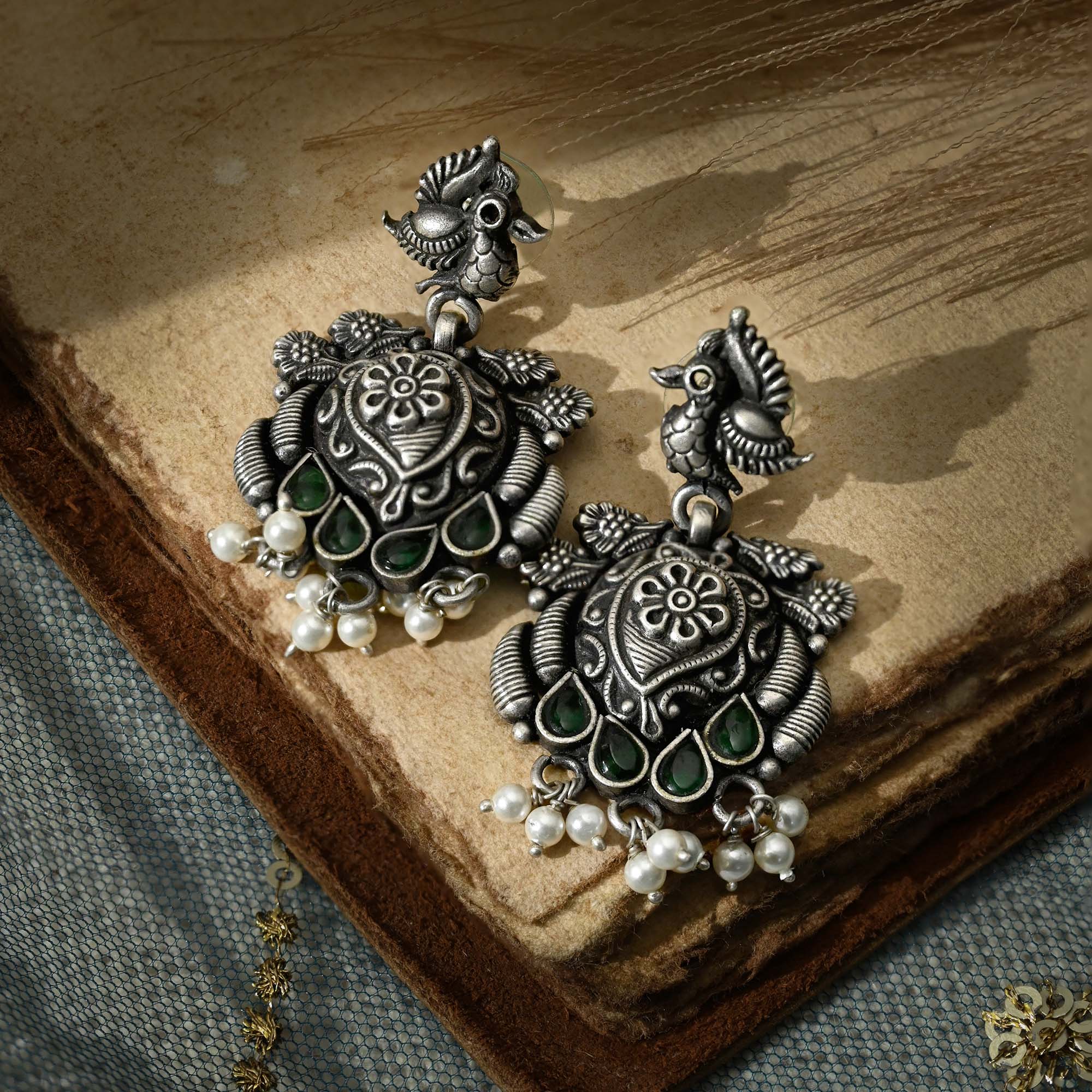 Green Floral Pearl Drops Silver Earrings - Image 2