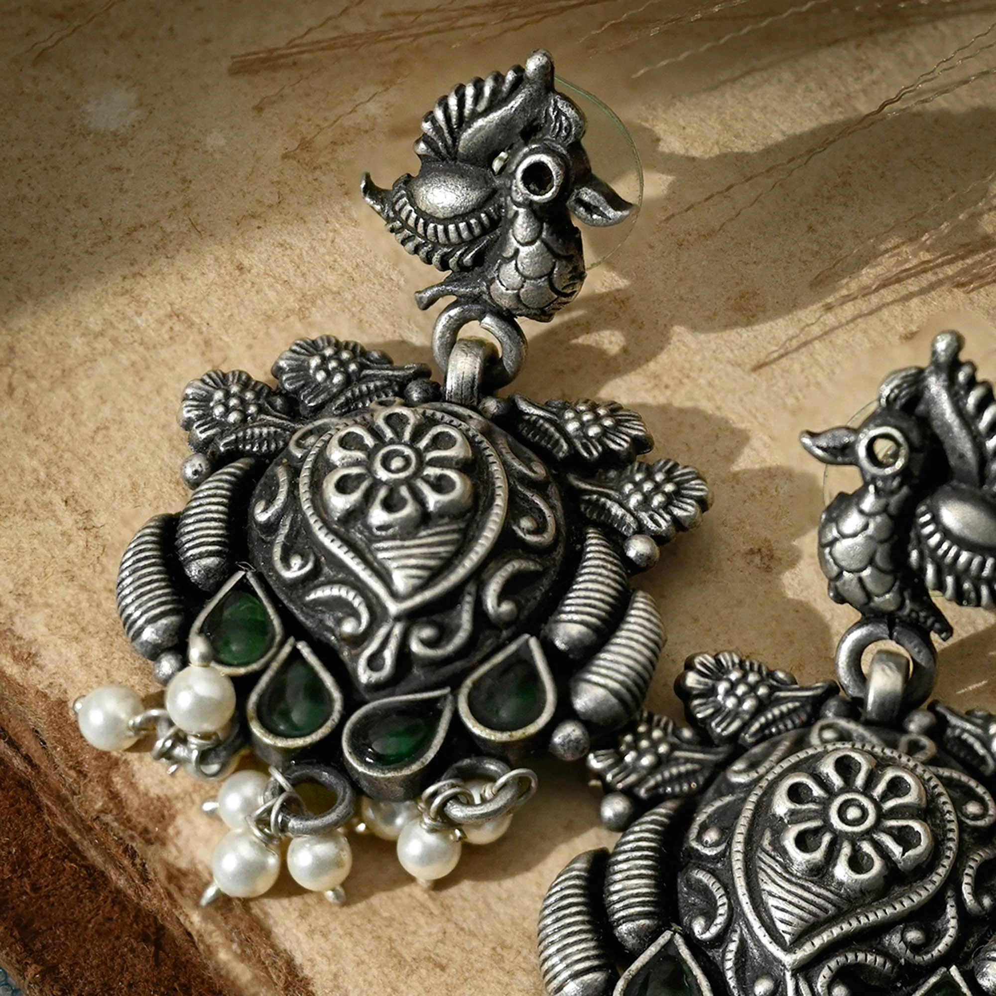 Green Floral Pearl Drops Silver Earrings - Image 4