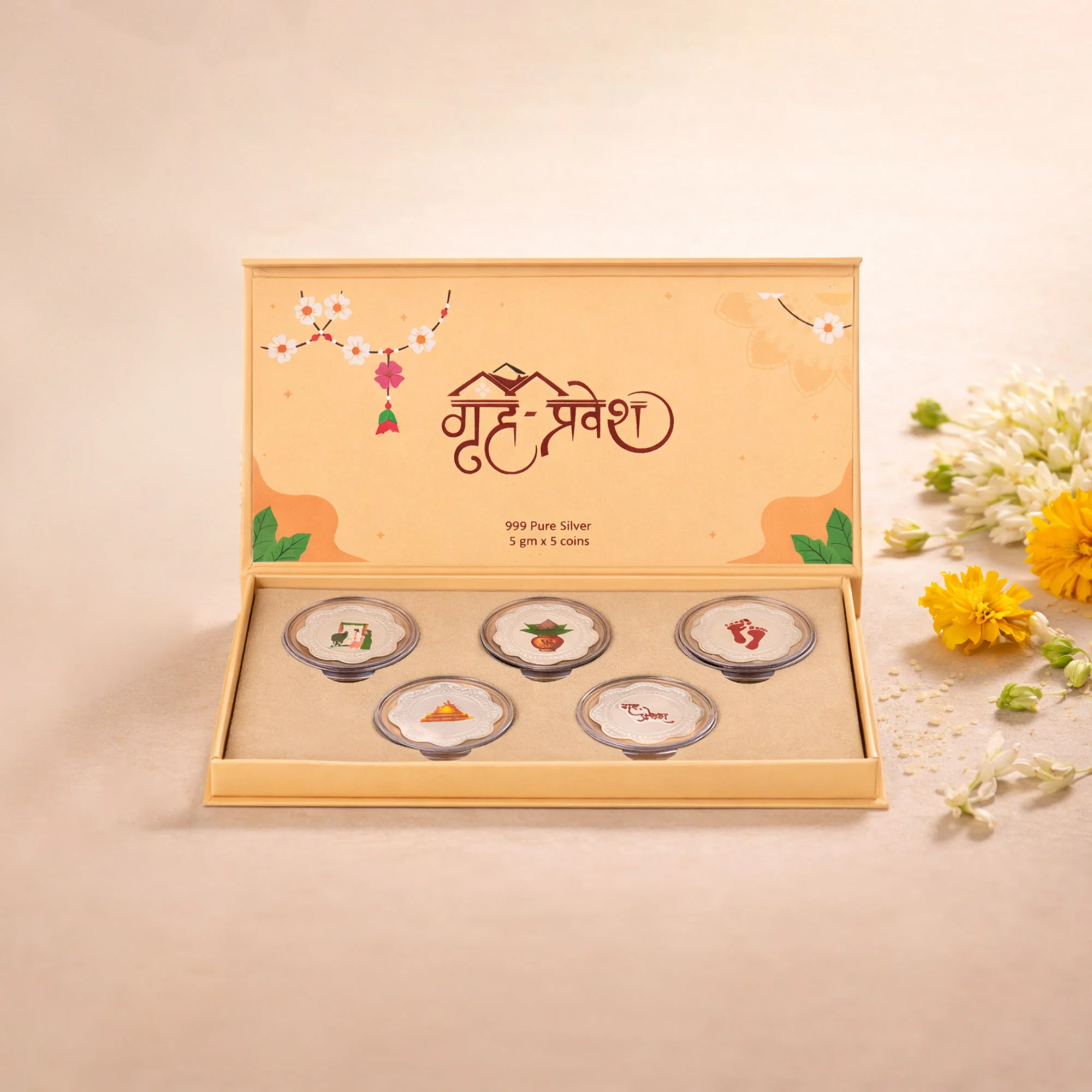 Griha Pravesh 999 Silver Coin Box (5 Coins)