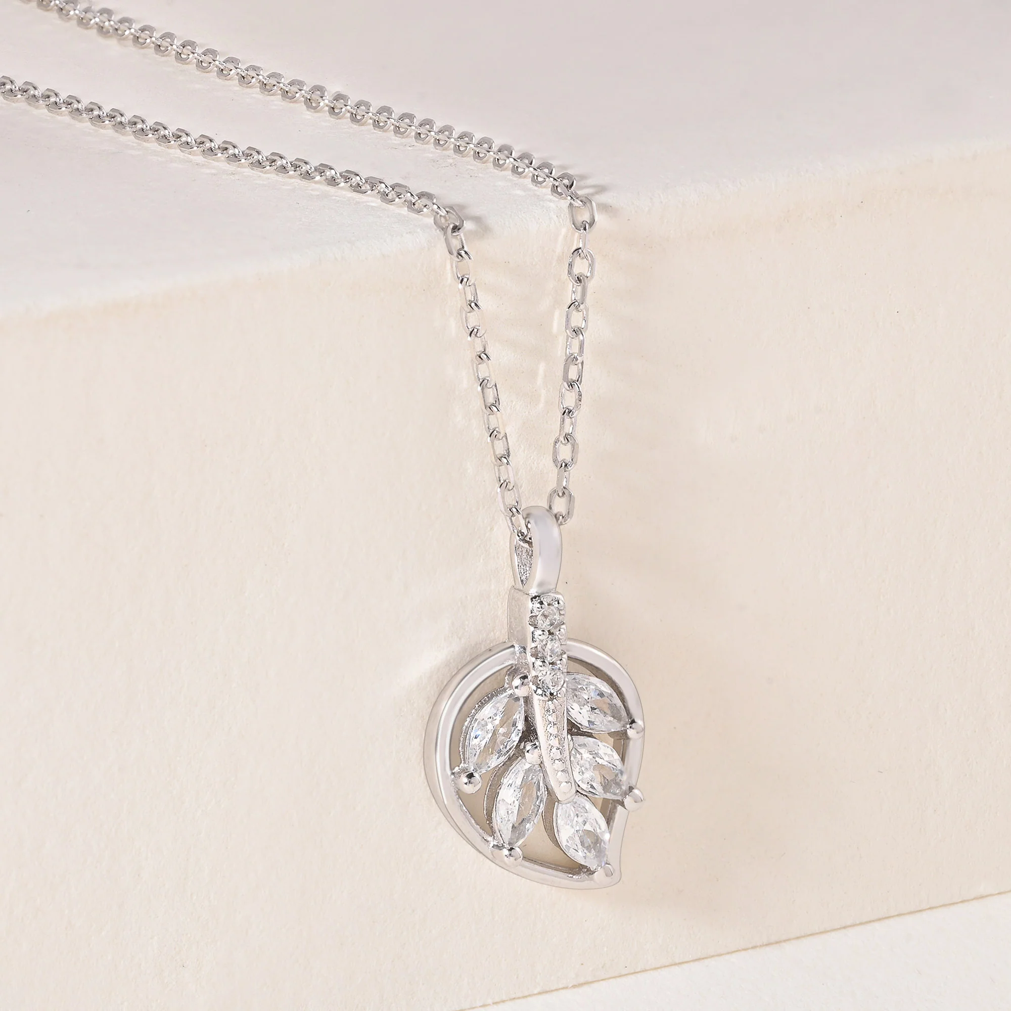 Leaf Motif CZ Pendant Necklace