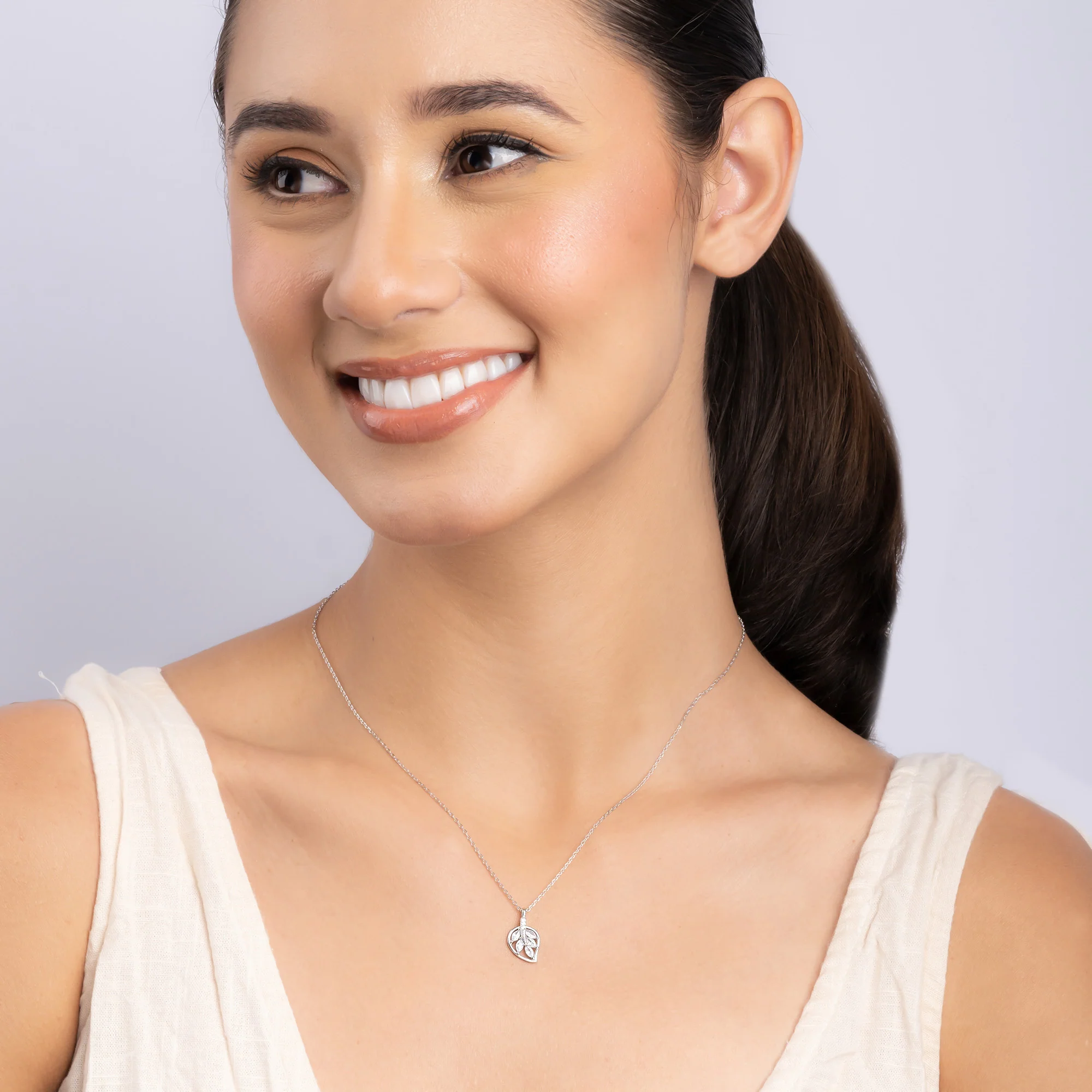 Leaf Motif CZ Pendant Necklace - Image 4