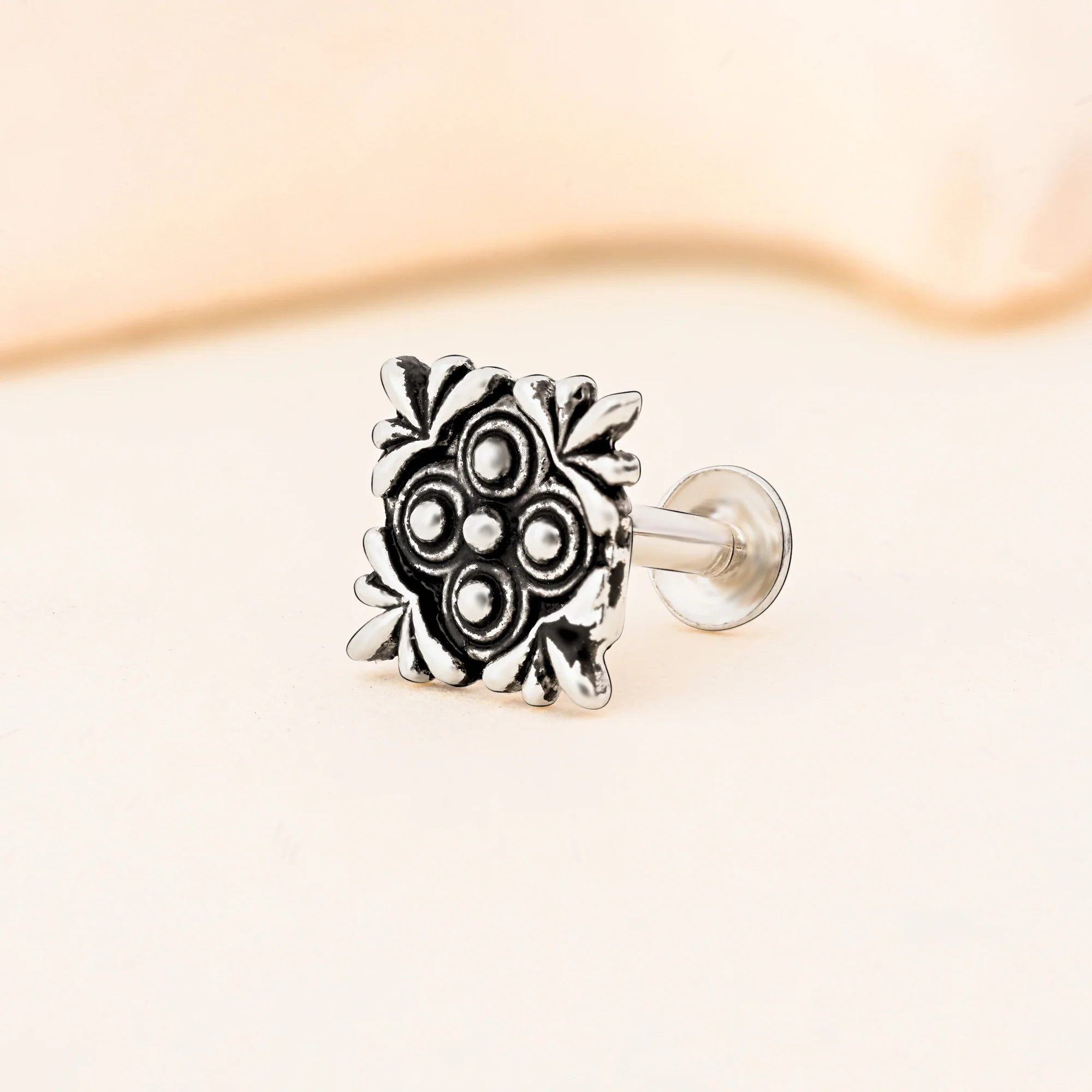 Oxidised Square Floral Silver Nose Pin