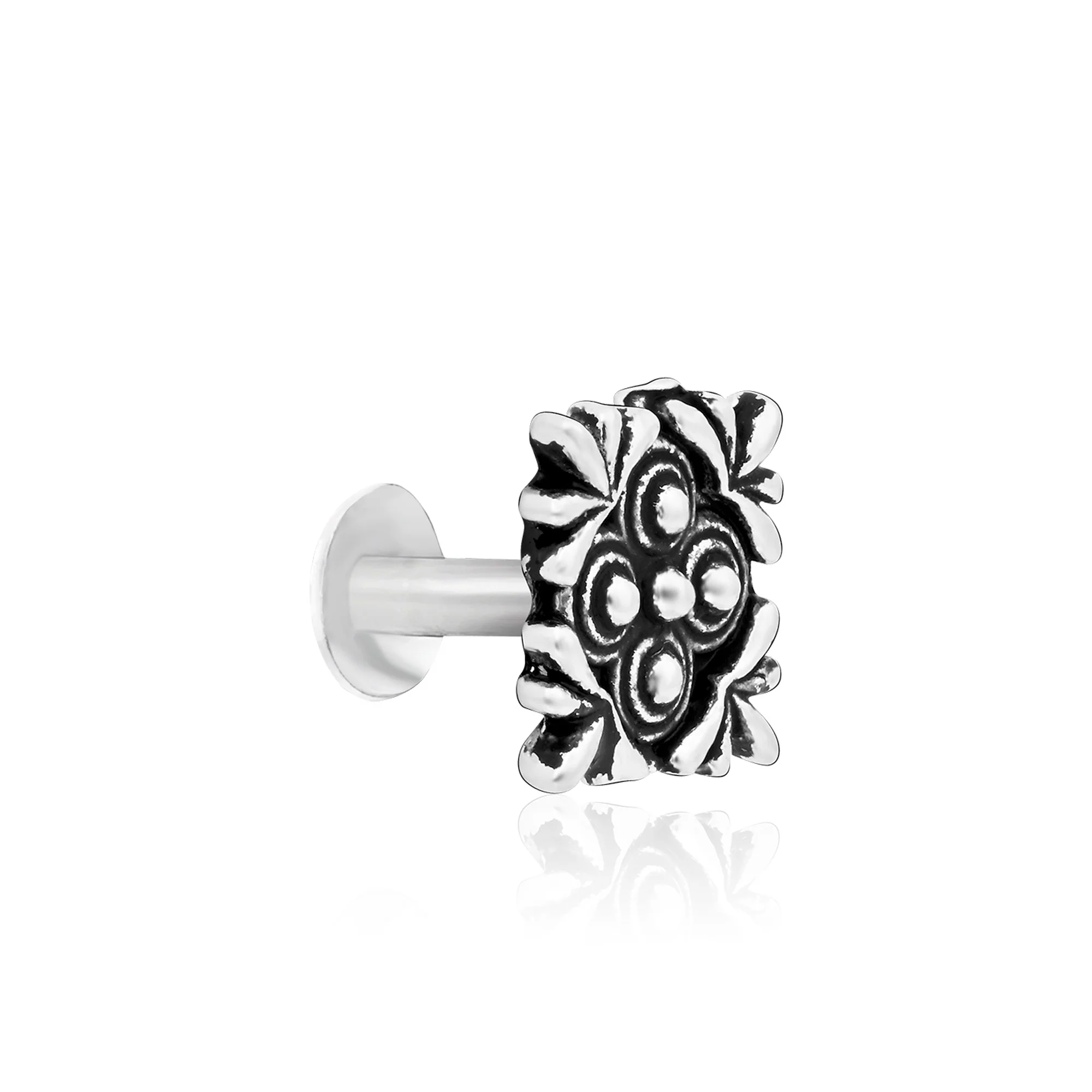 Oxidised Square Floral Silver Nose Pin - Image 2