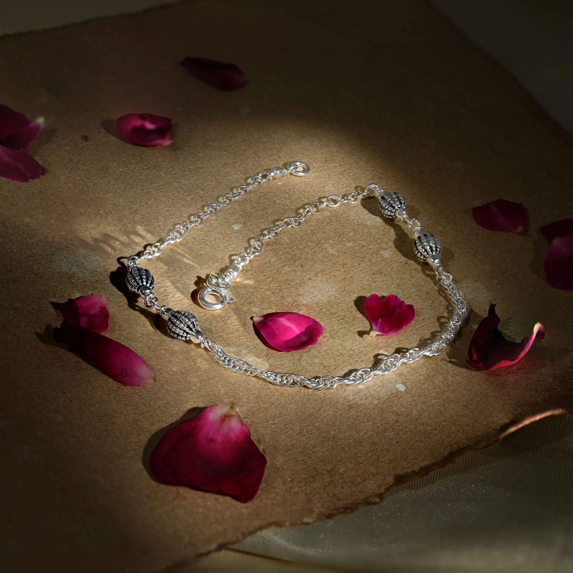 Ribbed Bead Chain Silver Anklet - Image 3