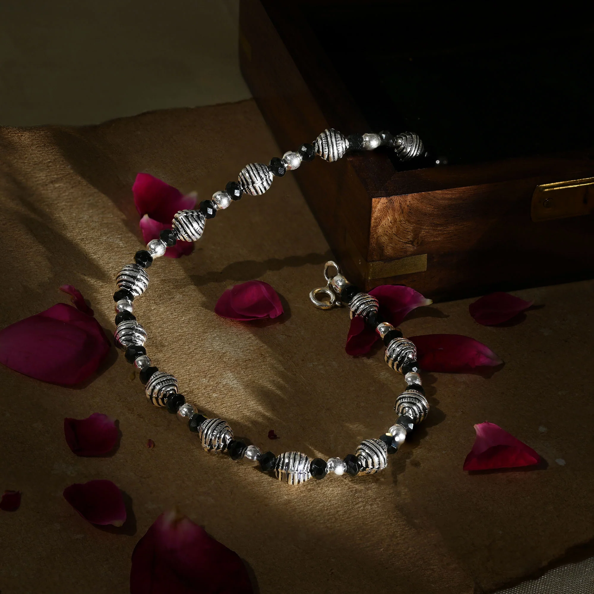 Silver Black Bead Anklet - Image 2