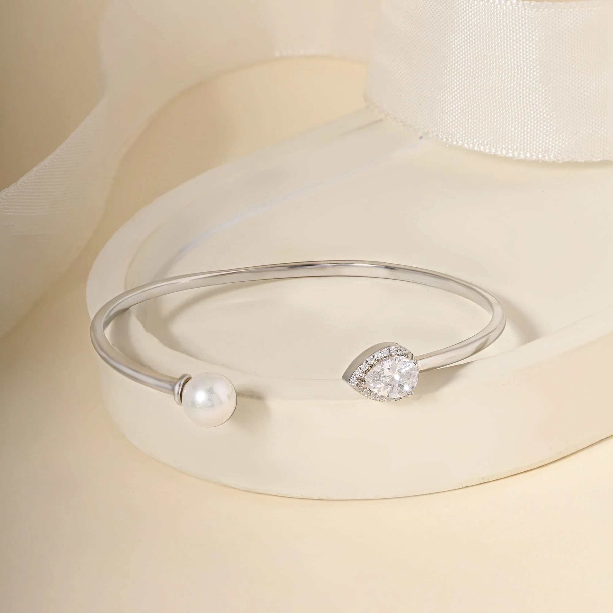 Silver CZ Tear Accent Cuff Kada - Image 4