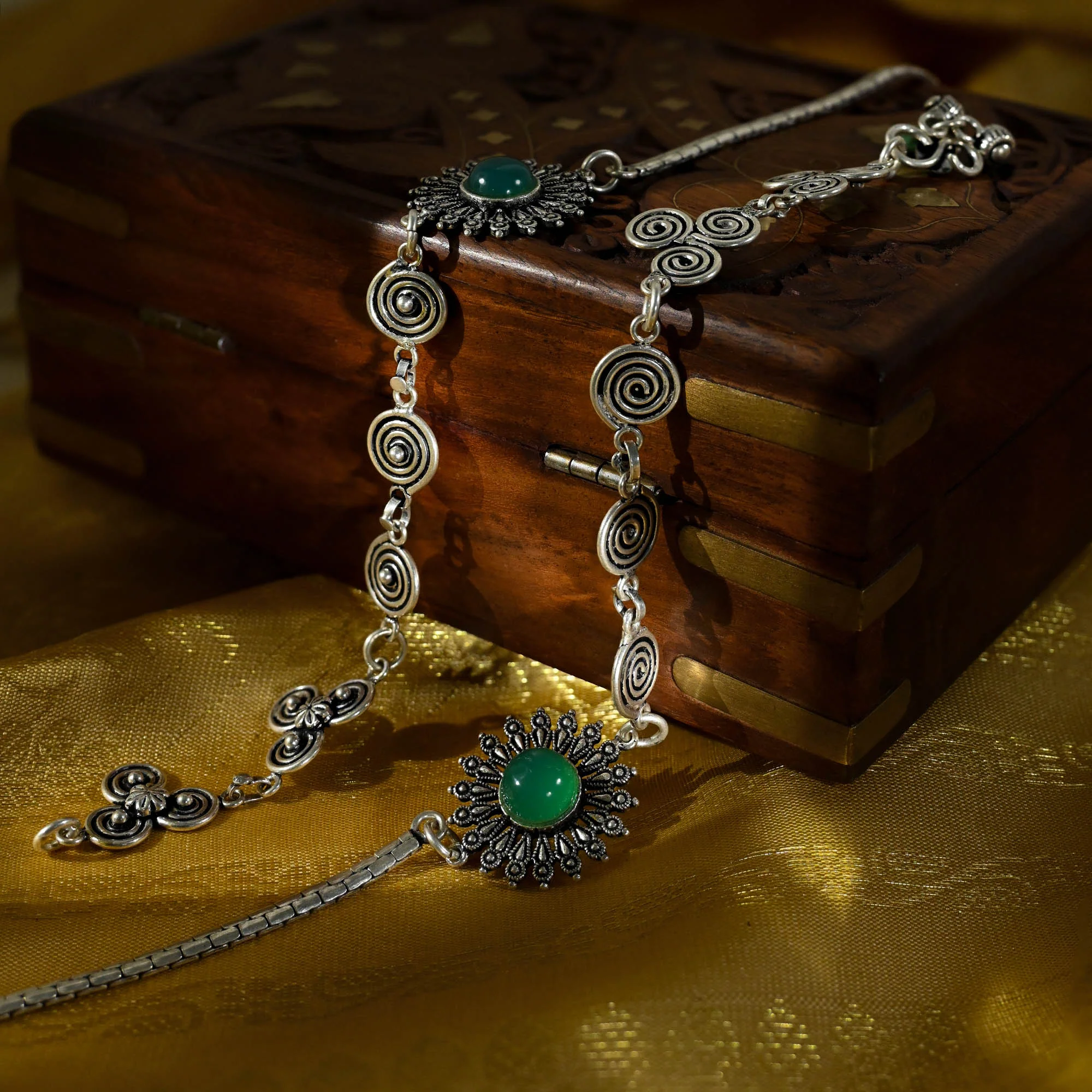 Spiral Motifs Green Stone Anklets - Image 2