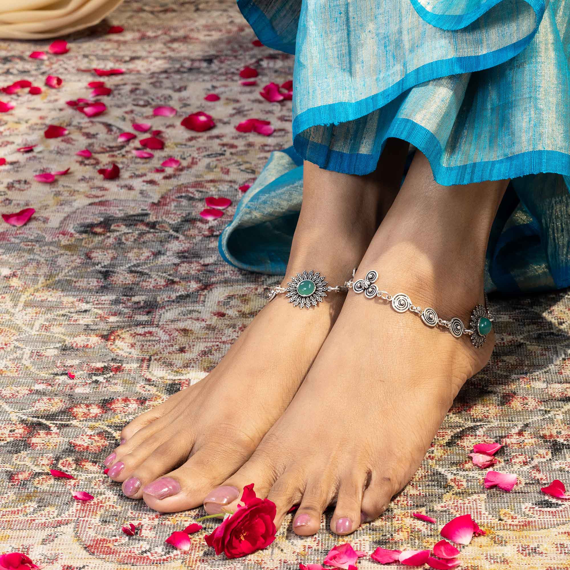 Spiral Motifs Green Stone Anklets - Image 3