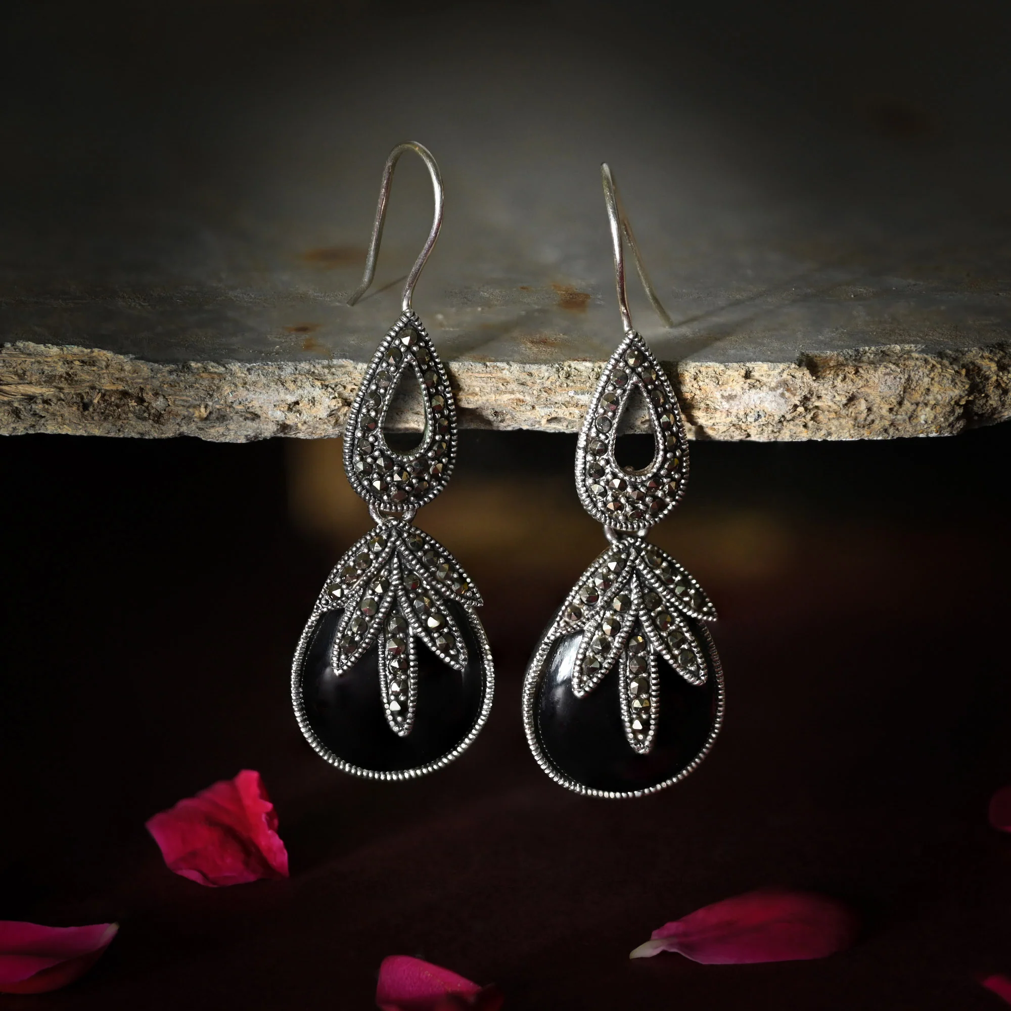 Teardrop Black Stone Silver Earrings - Image 2
