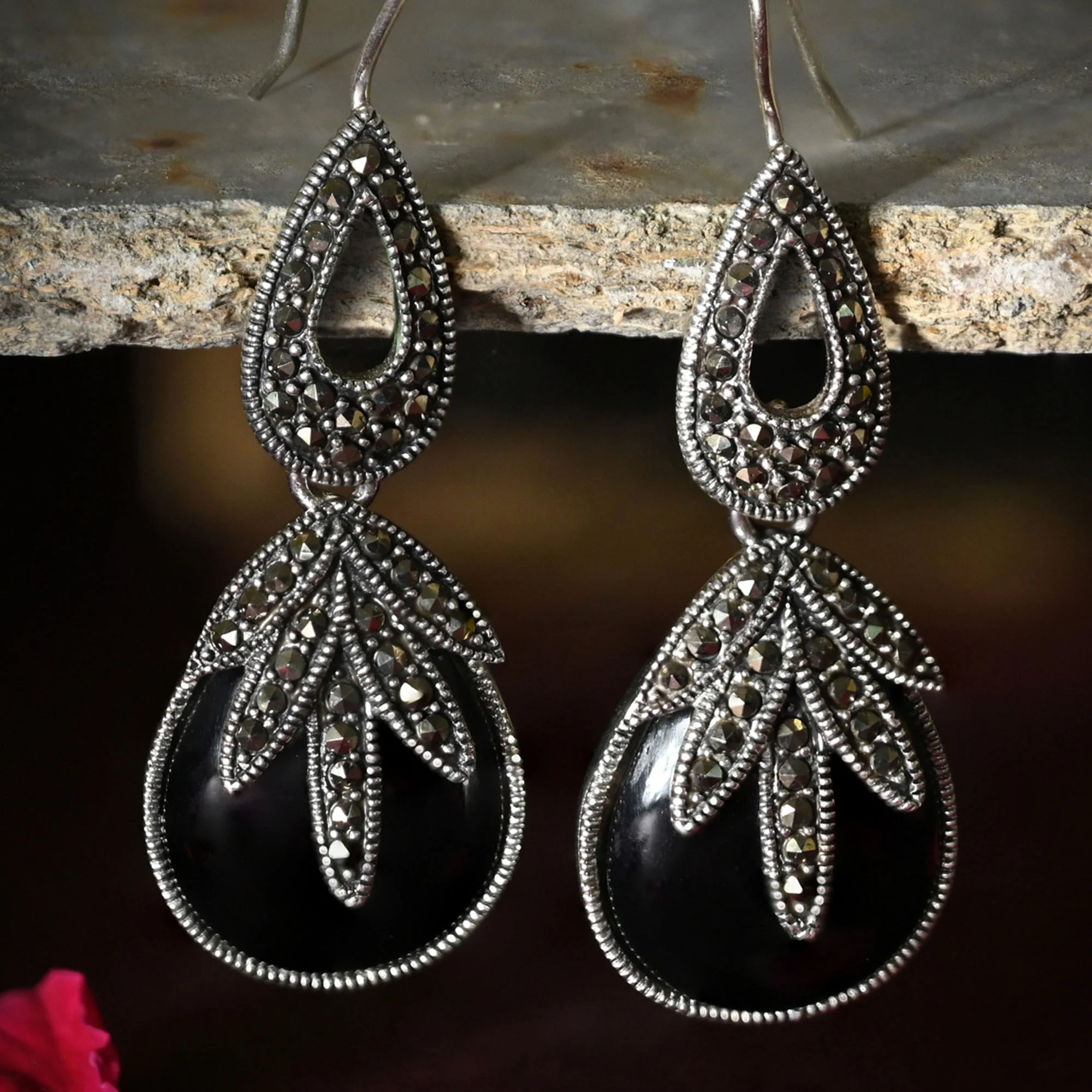 Teardrop Black Stone Silver Earrings - Image 4